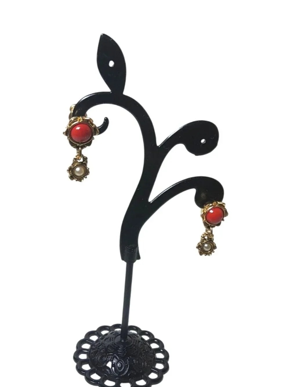 vintage eb/e. bastheim Co. gold tone red stone and seed pearl push back earrings